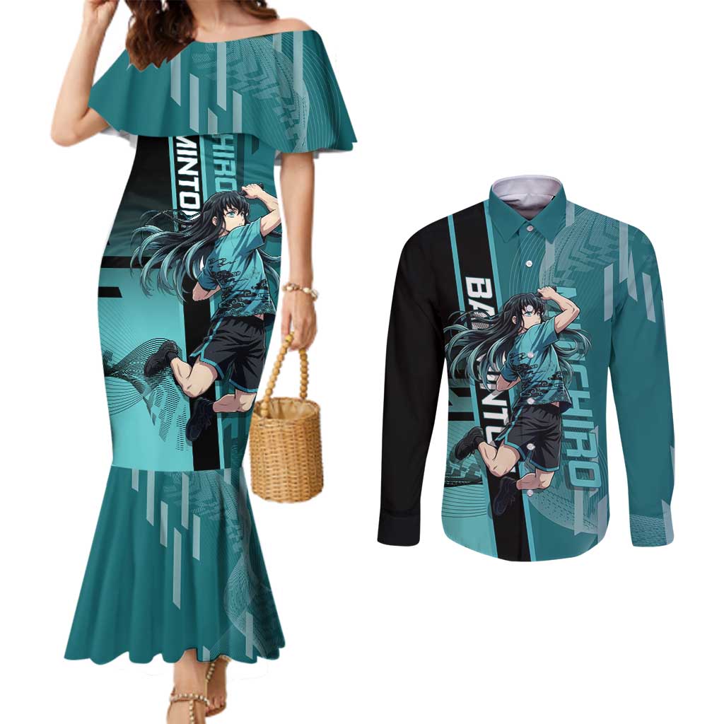 Personalized Tokito Muichiro Demon Slayer Badminton Couples Matching Mermaid Dress and Long Sleeve Button Shirt with Racket Action Pose and Teal Black Graphic Design - The Mazicc
