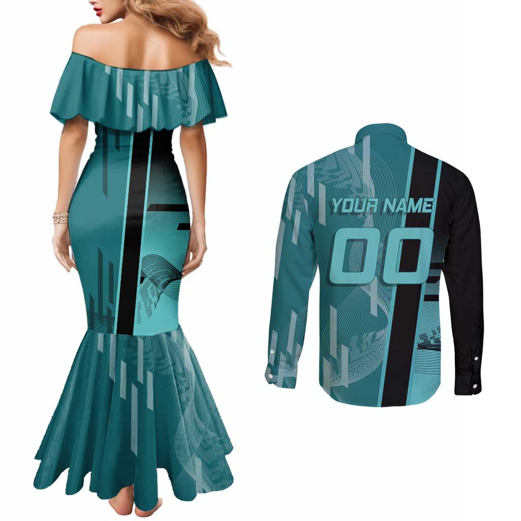 Personalized Tokito Muichiro Demon Slayer Badminton Couples Matching Mermaid Dress and Long Sleeve Button Shirt with Racket Action Pose and Teal Black Graphic Design - The Mazicc
