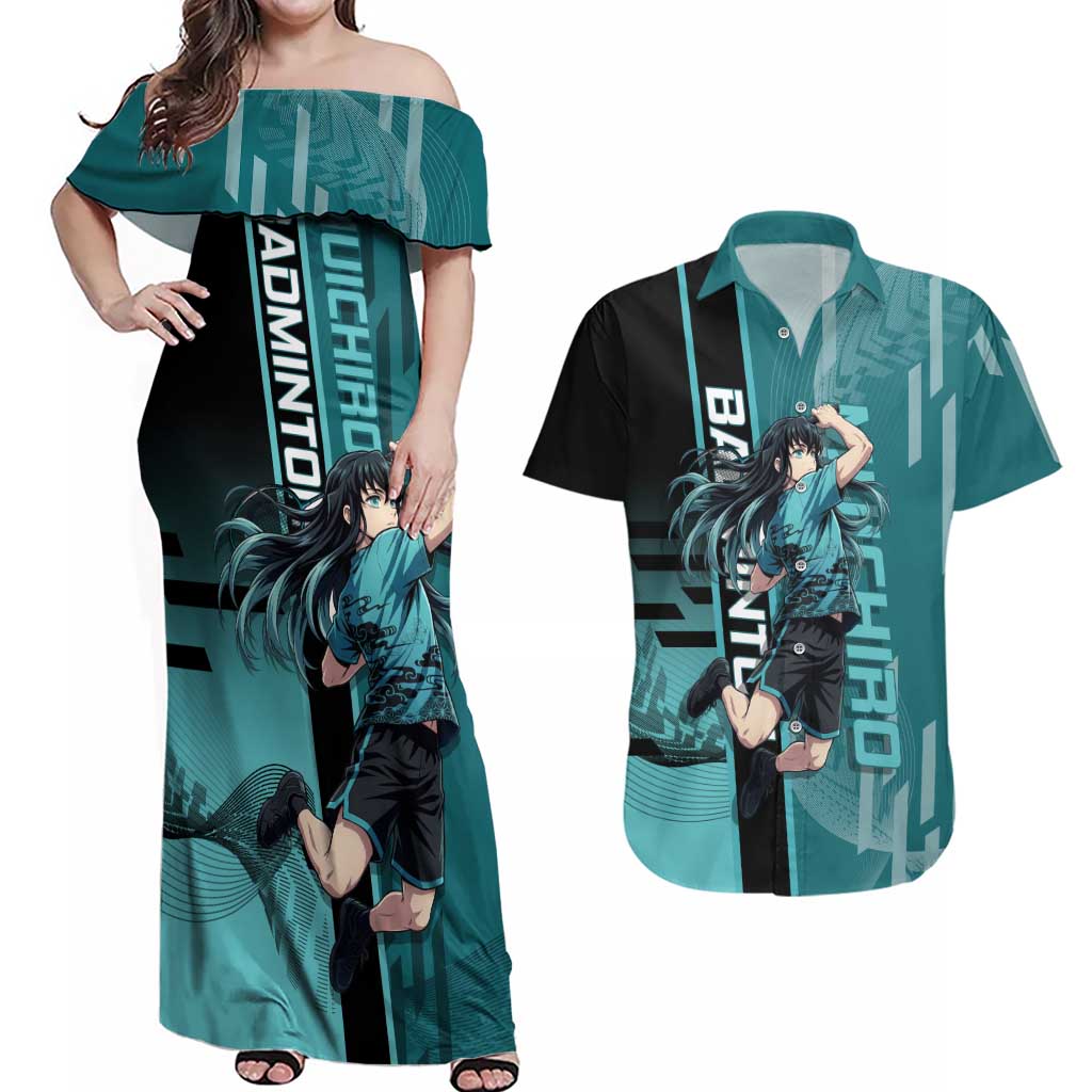 Personalized Tokito Muichiro Demon Slayer Badminton Couples Matching Off Shoulder Maxi Dress and Hawaiian Shirt with Racket Action Pose and Teal Black Graphic Design - The Mazicc