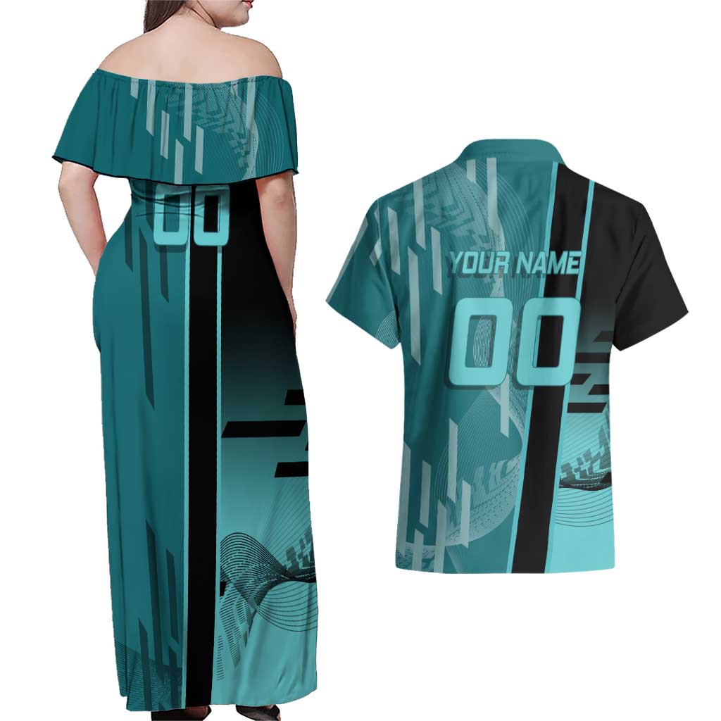 Personalized Tokito Muichiro Demon Slayer Badminton Couples Matching Off Shoulder Maxi Dress and Hawaiian Shirt with Racket Action Pose and Teal Black Graphic Design - The Mazicc