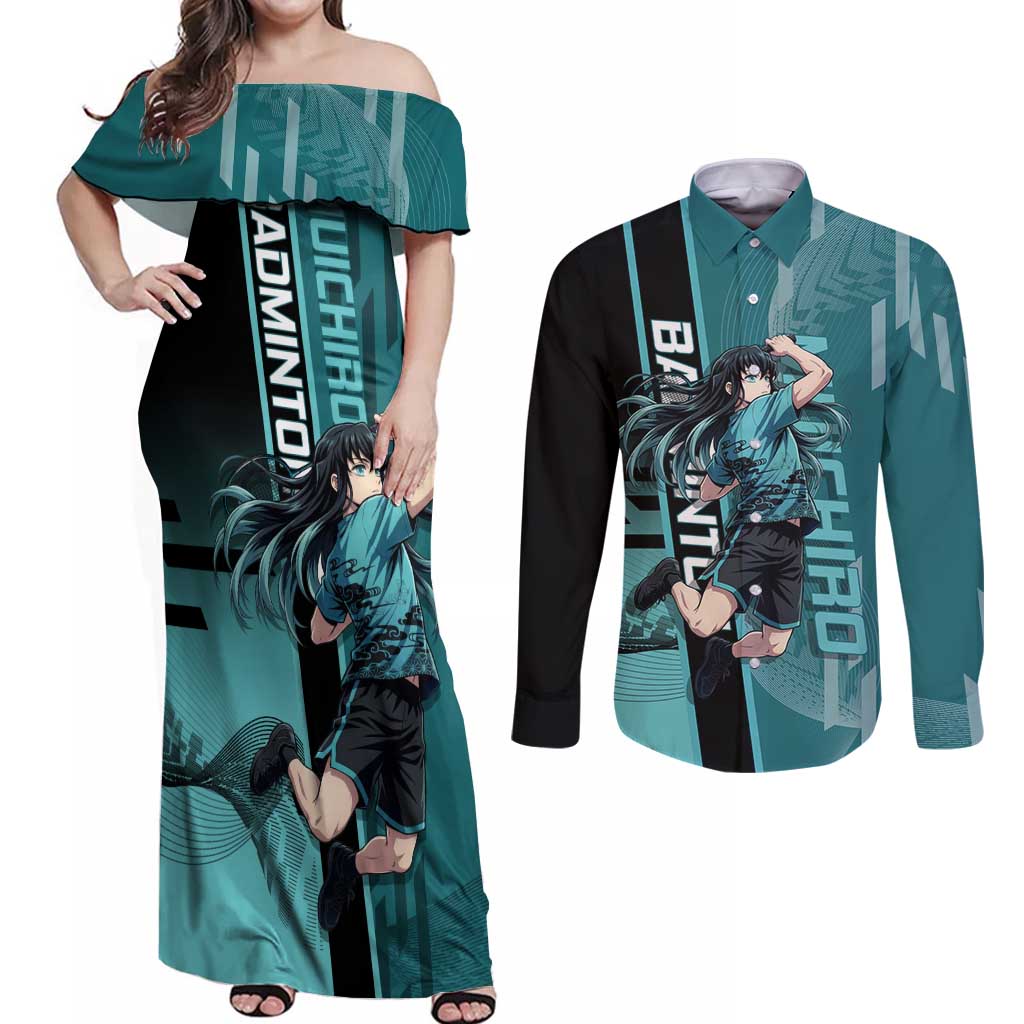 Personalized Tokito Muichiro Demon Slayer Badminton Couples Matching Off Shoulder Maxi Dress and Long Sleeve Button Shirt with Racket Action Pose and Teal Black Graphic Design - The Mazicc