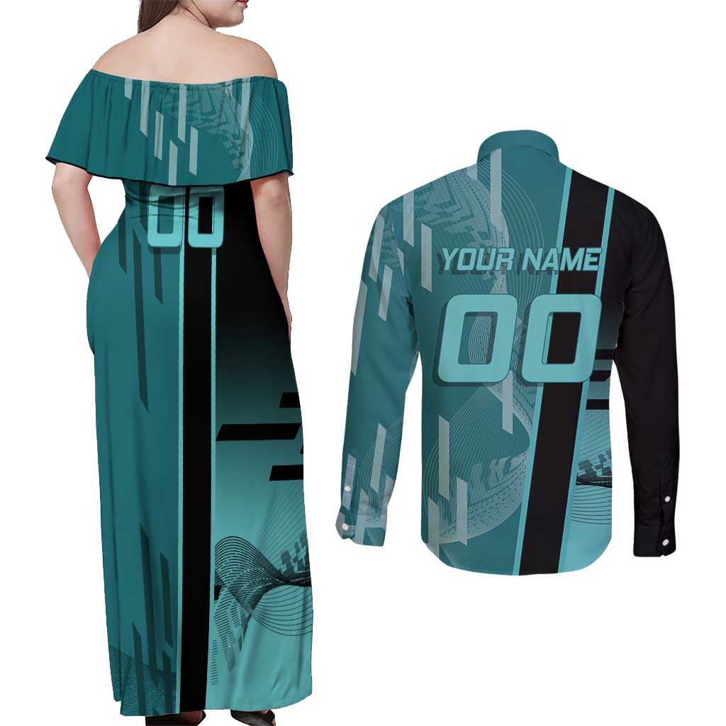 Personalized Tokito Muichiro Demon Slayer Badminton Couples Matching Off Shoulder Maxi Dress and Long Sleeve Button Shirt with Racket Action Pose and Teal Black Graphic Design - The Mazicc