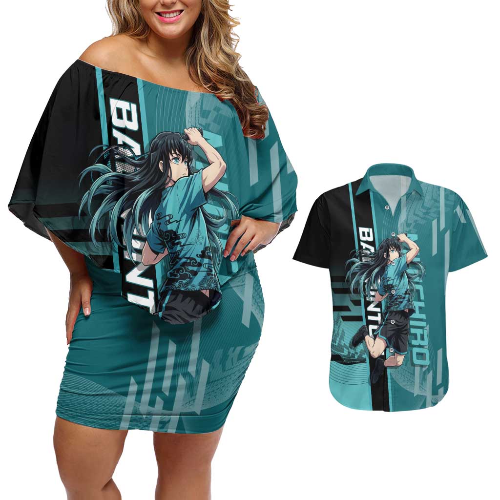 Personalized Tokito Muichiro Demon Slayer Badminton Couples Matching Off Shoulder Short Dress and Hawaiian Shirt with Racket Action Pose and Teal Black Graphic Design - The Mazicc