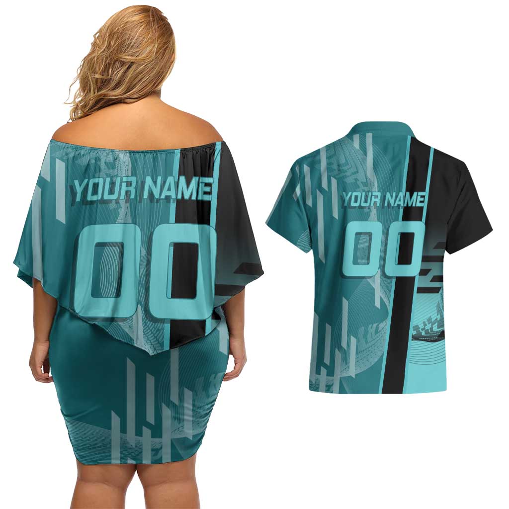 Personalized Tokito Muichiro Demon Slayer Badminton Couples Matching Off Shoulder Short Dress and Hawaiian Shirt with Racket Action Pose and Teal Black Graphic Design - The Mazicc