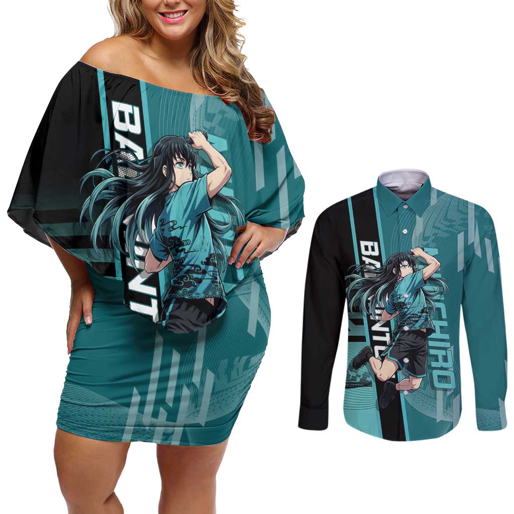 Personalized Tokito Muichiro Demon Slayer Badminton Couples Matching Off Shoulder Short Dress and Long Sleeve Button Shirt with Racket Action Pose and Teal Black Graphic Design - The Mazicc