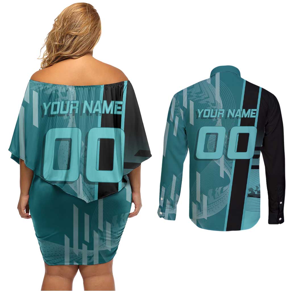 Personalized Tokito Muichiro Demon Slayer Badminton Couples Matching Off Shoulder Short Dress and Long Sleeve Button Shirt with Racket Action Pose and Teal Black Graphic Design - The Mazicc
