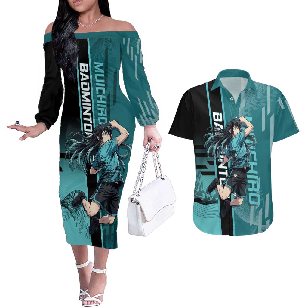 Personalized Tokito Muichiro Demon Slayer Badminton Couples Matching Off The Shoulder Long Sleeve Dress and Hawaiian Shirt with Racket Action Pose and Teal Black Graphic Design - The Mazicc