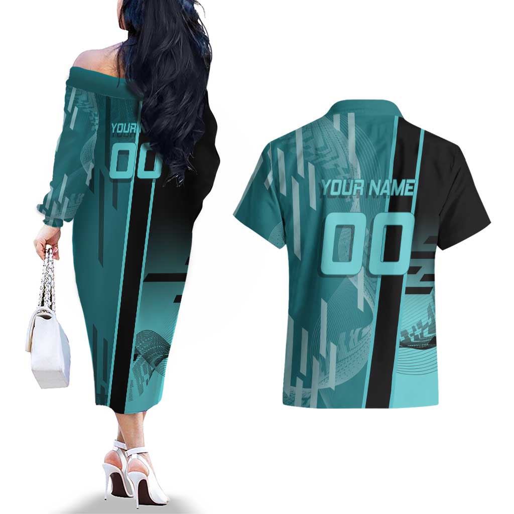 Personalized Tokito Muichiro Demon Slayer Badminton Couples Matching Off The Shoulder Long Sleeve Dress and Hawaiian Shirt with Racket Action Pose and Teal Black Graphic Design - The Mazicc