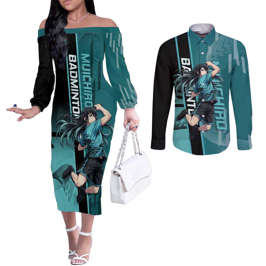 Personalized Tokito Muichiro Demon Slayer Badminton Couples Matching Off The Shoulder Long Sleeve Dress and Long Sleeve Button Shirt with Racket Action Pose and Teal Black Graphic Design - The Mazicc