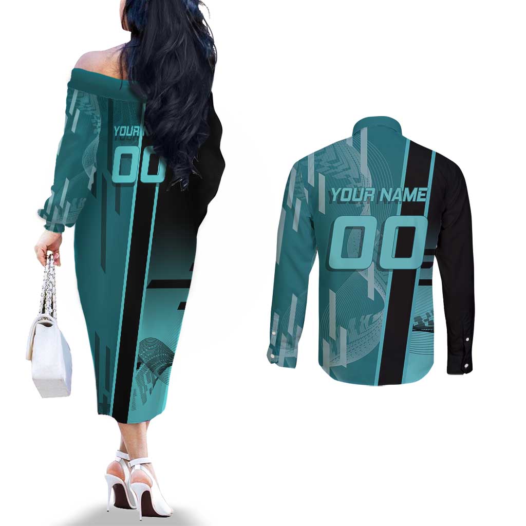 Personalized Tokito Muichiro Demon Slayer Badminton Couples Matching Off The Shoulder Long Sleeve Dress and Long Sleeve Button Shirt with Racket Action Pose and Teal Black Graphic Design - The Mazicc