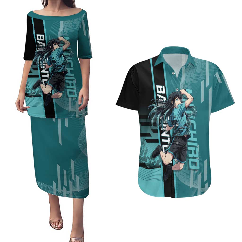 Personalized Tokito Muichiro Demon Slayer Badminton Couples Matching Puletasi and Hawaiian Shirt with Racket Action Pose and Teal Black Graphic Design - The Mazicc