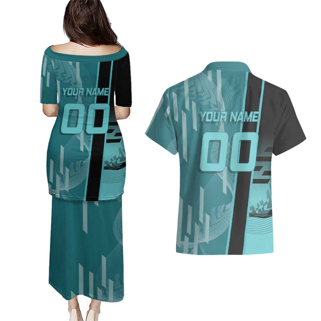 Personalized Tokito Muichiro Demon Slayer Badminton Couples Matching Puletasi and Hawaiian Shirt with Racket Action Pose and Teal Black Graphic Design - The Mazicc