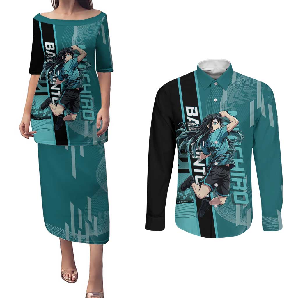 Personalized Tokito Muichiro Demon Slayer Badminton Couples Matching Puletasi and Long Sleeve Button Shirt with Racket Action Pose and Teal Black Graphic Design - The Mazicc
