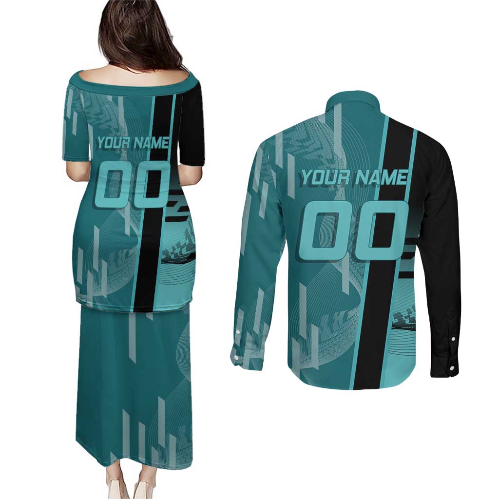 Personalized Tokito Muichiro Demon Slayer Badminton Couples Matching Puletasi and Long Sleeve Button Shirt with Racket Action Pose and Teal Black Graphic Design - The Mazicc