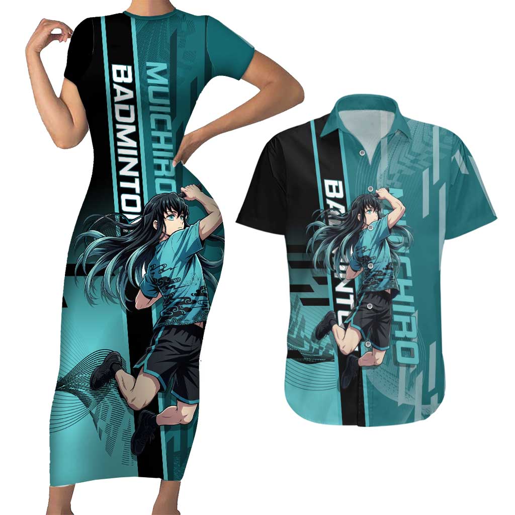 Personalized Tokito Muichiro Demon Slayer Badminton Couples Matching Short Sleeve Bodycon Dress and Hawaiian Shirt with Racket Action Pose and Teal Black Graphic Design - The Mazicc