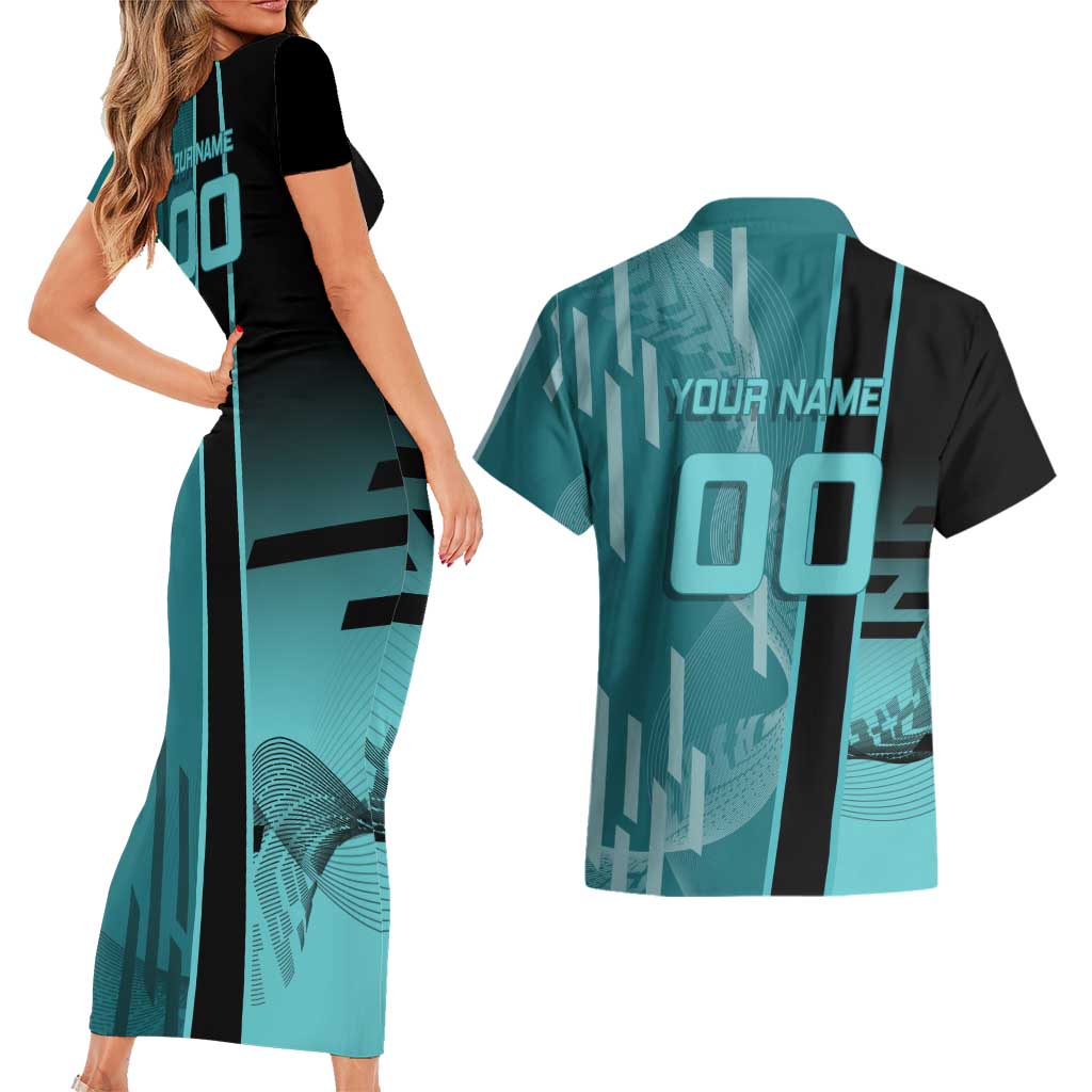Personalized Tokito Muichiro Demon Slayer Badminton Couples Matching Short Sleeve Bodycon Dress and Hawaiian Shirt with Racket Action Pose and Teal Black Graphic Design - The Mazicc