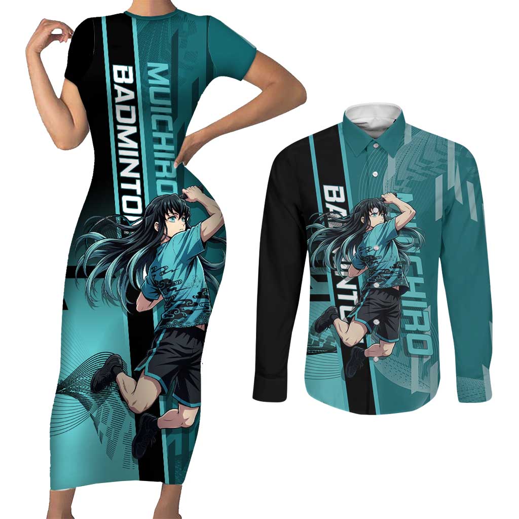Personalized Tokito Muichiro Demon Slayer Badminton Couples Matching Short Sleeve Bodycon Dress and Long Sleeve Button Shirt with Racket Action Pose and Teal Black Graphic Design - The Mazicc