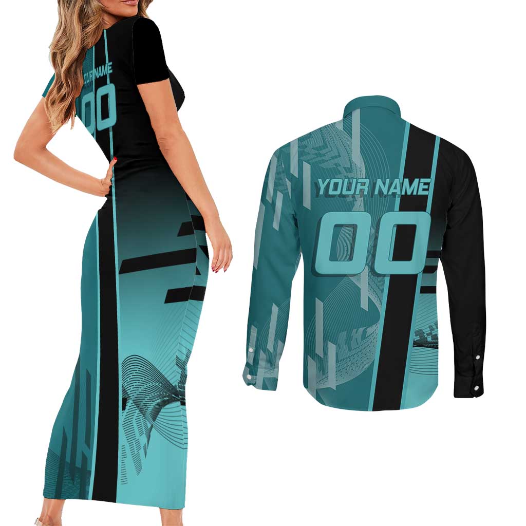 Personalized Tokito Muichiro Demon Slayer Badminton Couples Matching Short Sleeve Bodycon Dress and Long Sleeve Button Shirt with Racket Action Pose and Teal Black Graphic Design - The Mazicc