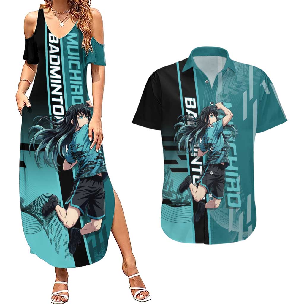 Personalized Tokito Muichiro Demon Slayer Badminton Couples Matching Summer Maxi Dress and Hawaiian Shirt with Racket Action Pose and Teal Black Graphic Design - The Mazicc