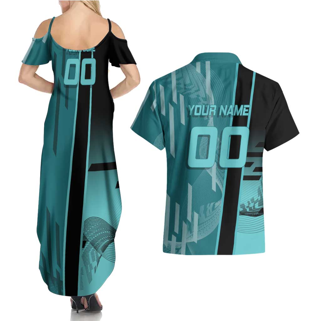 Personalized Tokito Muichiro Demon Slayer Badminton Couples Matching Summer Maxi Dress and Hawaiian Shirt with Racket Action Pose and Teal Black Graphic Design - The Mazicc