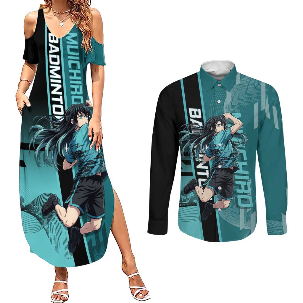 Personalized Tokito Muichiro Demon Slayer Badminton Couples Matching Summer Maxi Dress and Long Sleeve Button Shirt with Racket Action Pose and Teal Black Graphic Design - The Mazicc