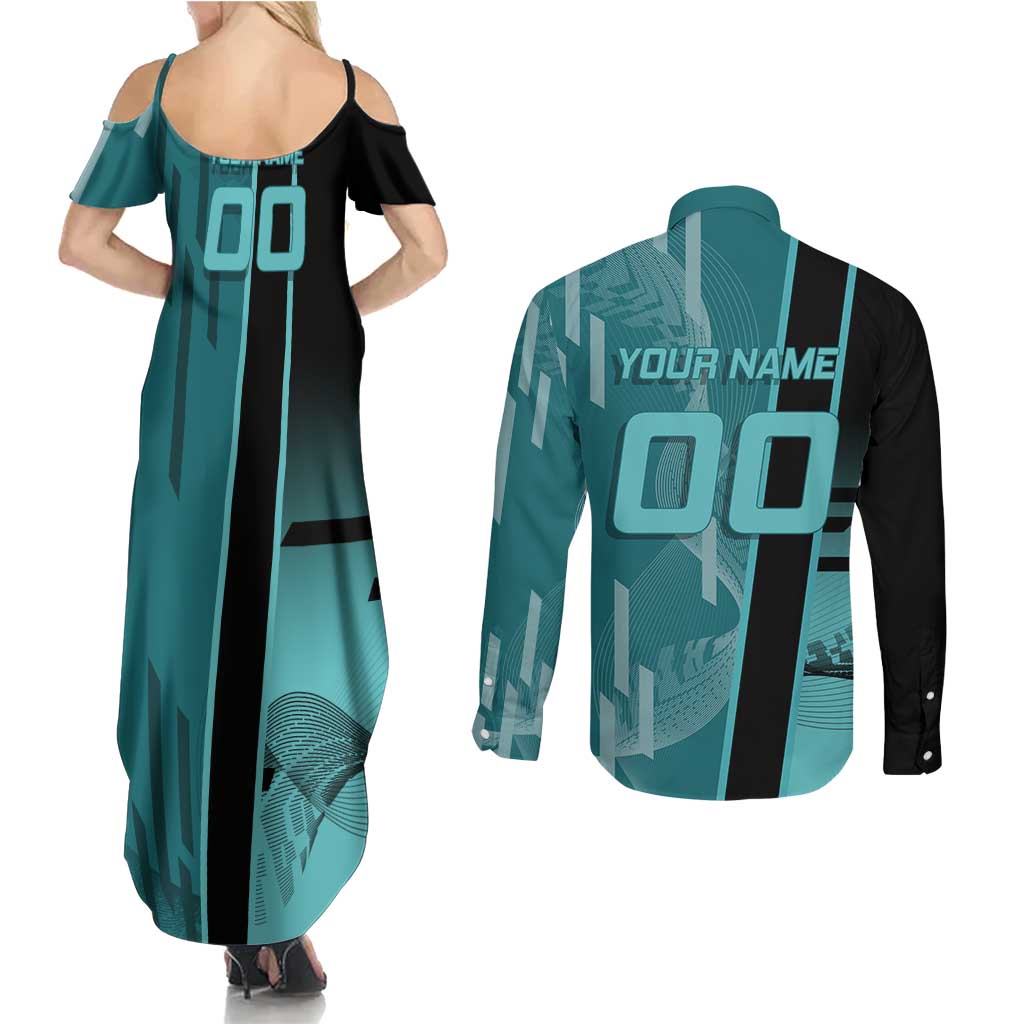 Personalized Tokito Muichiro Demon Slayer Badminton Couples Matching Summer Maxi Dress and Long Sleeve Button Shirt with Racket Action Pose and Teal Black Graphic Design - The Mazicc