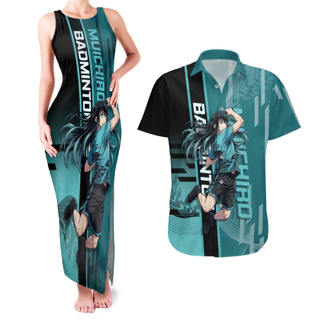 Personalized Tokito Muichiro Demon Slayer Badminton Couples Matching Tank Maxi Dress and Hawaiian Shirt with Racket Action Pose and Teal Black Graphic Design - The Mazicc