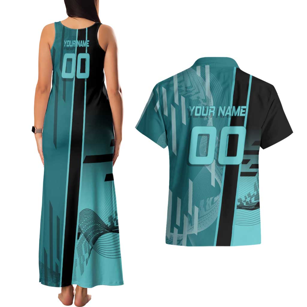 Personalized Tokito Muichiro Demon Slayer Badminton Couples Matching Tank Maxi Dress and Hawaiian Shirt with Racket Action Pose and Teal Black Graphic Design - The Mazicc
