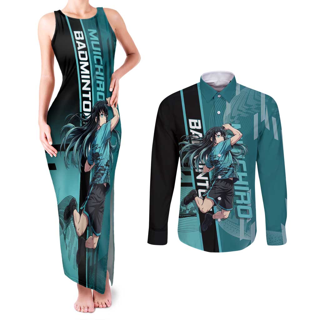 Personalized Tokito Muichiro Demon Slayer Badminton Couples Matching Tank Maxi Dress and Long Sleeve Button Shirt with Racket Action Pose and Teal Black Graphic Design - The Mazicc