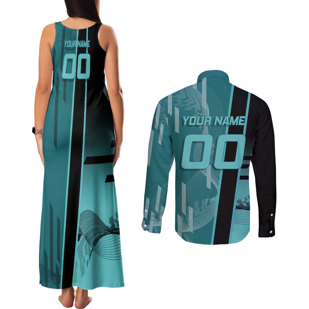 Personalized Tokito Muichiro Demon Slayer Badminton Couples Matching Tank Maxi Dress and Long Sleeve Button Shirt with Racket Action Pose and Teal Black Graphic Design - The Mazicc