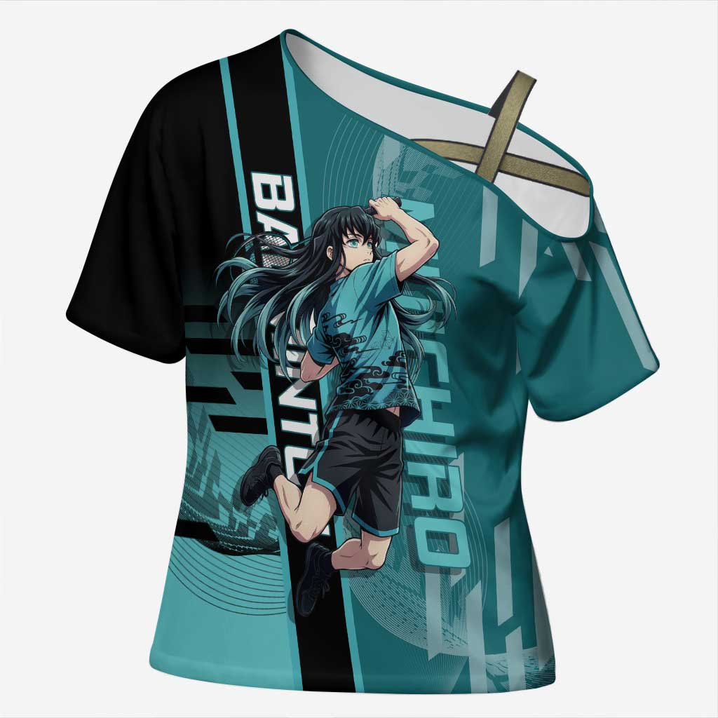 Personalized Tokito Muichiro Demon Slayer Badminton Cross Shoulder Shirt with Racket Action Pose and Teal Black Graphic Design - The Mazicc