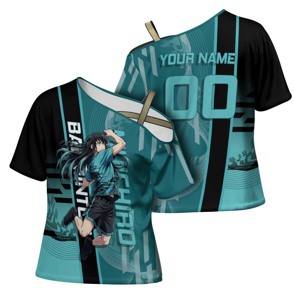 Personalized Tokito Muichiro Demon Slayer Badminton Cross Shoulder Shirt with Racket Action Pose and Teal Black Graphic Design - The Mazicc