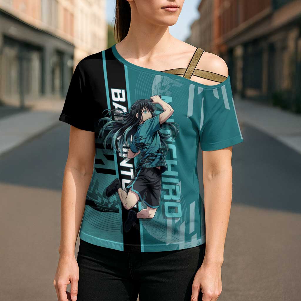 Personalized Tokito Muichiro Demon Slayer Badminton Cross Shoulder Shirt with Racket Action Pose and Teal Black Graphic Design - The Mazicc