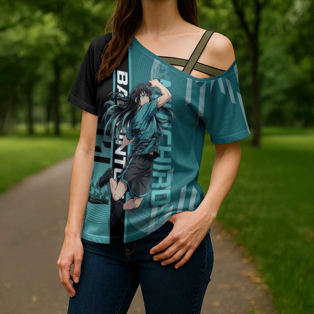 Personalized Tokito Muichiro Demon Slayer Badminton Cross Shoulder Shirt with Racket Action Pose and Teal Black Graphic Design - The Mazicc