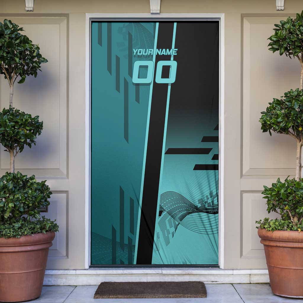 Personalized Tokito Muichiro Demon Slayer Badminton Door Cover with Racket Action Pose and Teal Black Graphic Design - The Mazicc