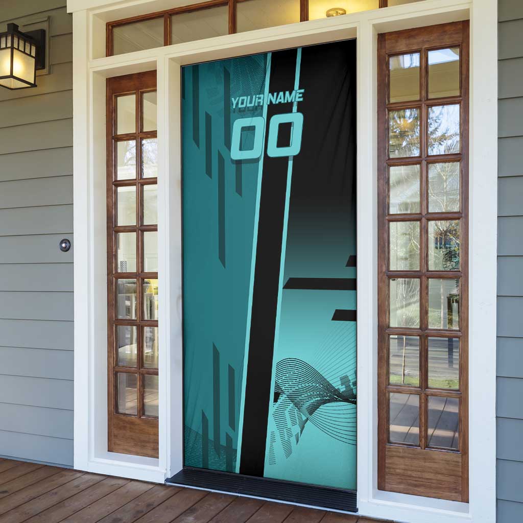 Personalized Tokito Muichiro Demon Slayer Badminton Door Cover with Racket Action Pose and Teal Black Graphic Design - The Mazicc