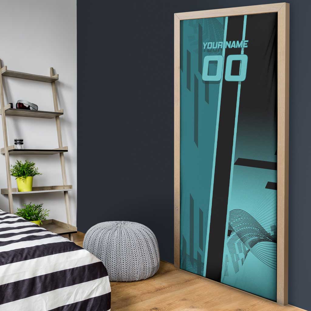 Personalized Tokito Muichiro Demon Slayer Badminton Door Cover with Racket Action Pose and Teal Black Graphic Design - The Mazicc