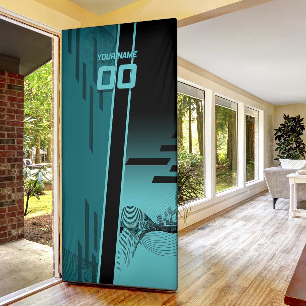Personalized Tokito Muichiro Demon Slayer Badminton Door Cover with Racket Action Pose and Teal Black Graphic Design - The Mazicc