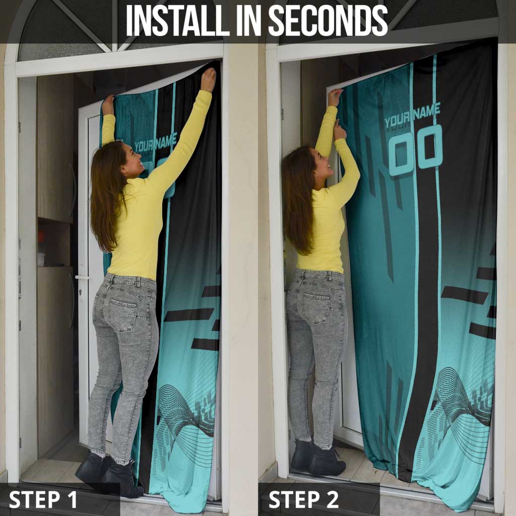 Personalized Tokito Muichiro Demon Slayer Badminton Door Cover with Racket Action Pose and Teal Black Graphic Design - The Mazicc