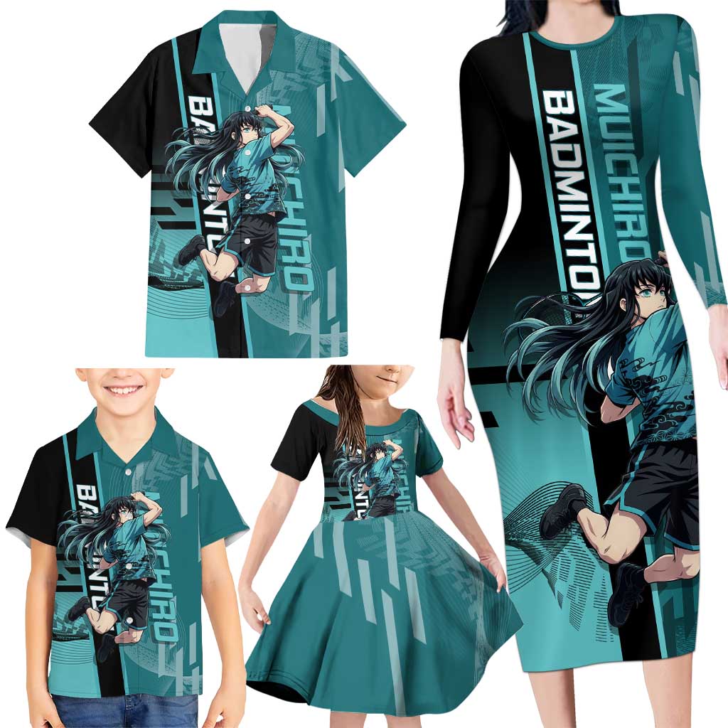 Personalized Tokito Muichiro Demon Slayer Badminton Family Matching Long Sleeve Bodycon Dress and Hawaiian Shirt with Racket Action Pose and Teal Black Graphic Design