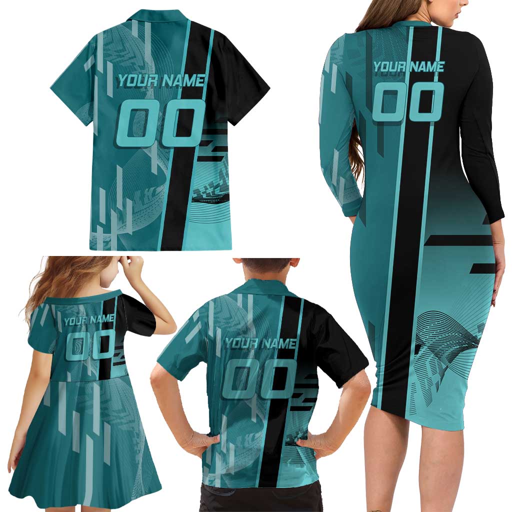 Personalized Tokito Muichiro Demon Slayer Badminton Family Matching Long Sleeve Bodycon Dress and Hawaiian Shirt with Racket Action Pose and Teal Black Graphic Design