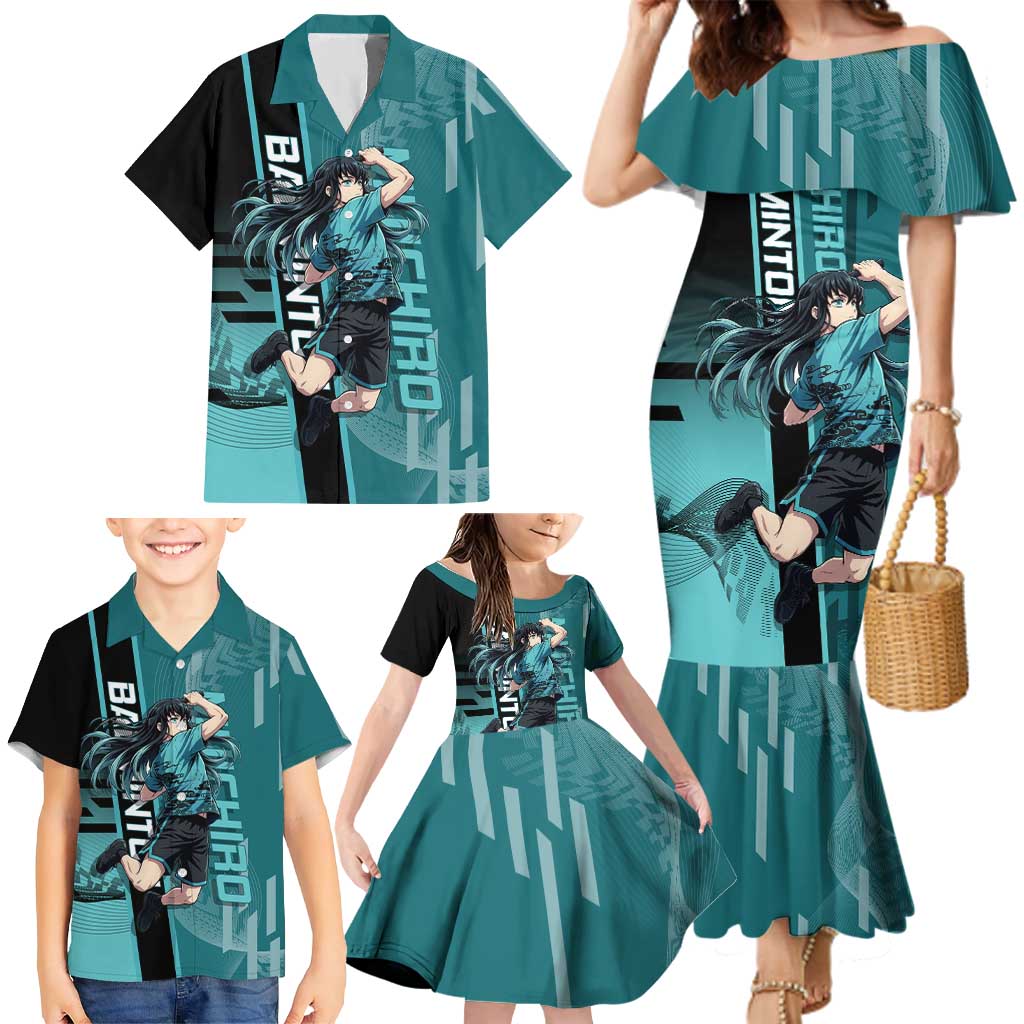 Personalized Tokito Muichiro Demon Slayer Badminton Family Matching Mermaid Dress and Hawaiian Shirt with Racket Action Pose and Teal Black Graphic Design