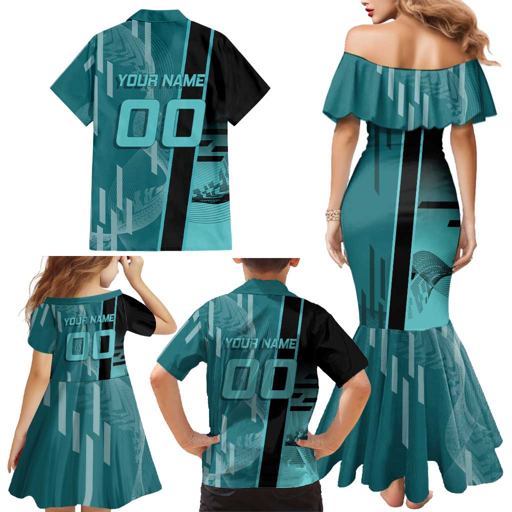 Personalized Tokito Muichiro Demon Slayer Badminton Family Matching Mermaid Dress and Hawaiian Shirt with Racket Action Pose and Teal Black Graphic Design
