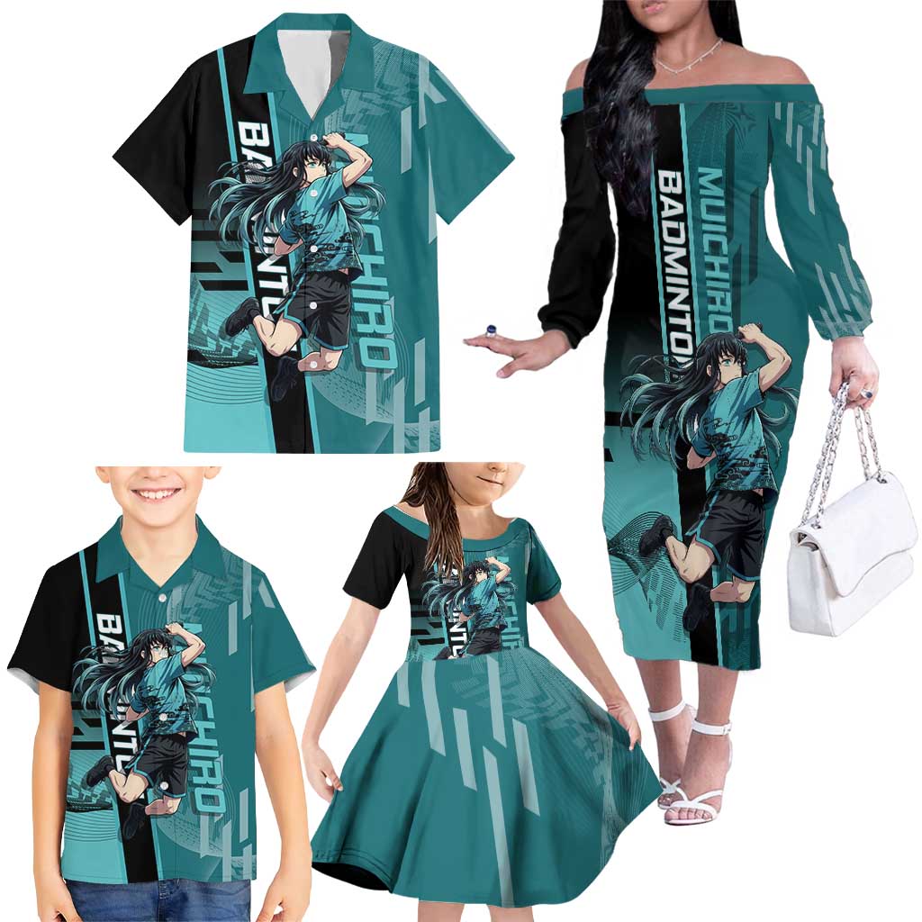 Personalized Tokito Muichiro Demon Slayer Badminton Family Matching Off The Shoulder Long Sleeve Dress and Hawaiian Shirt with Racket Action Pose and Teal Black Graphic Design