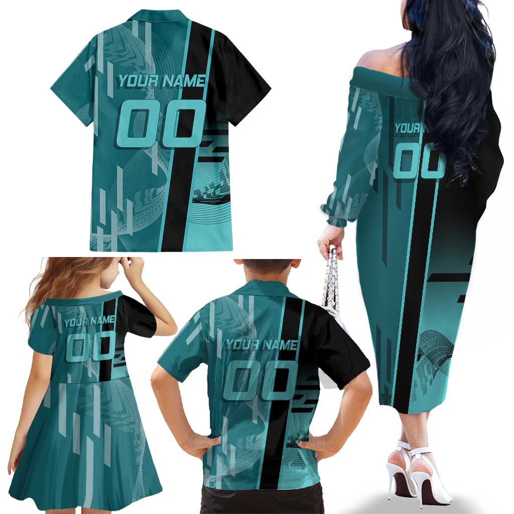 Personalized Tokito Muichiro Demon Slayer Badminton Family Matching Off The Shoulder Long Sleeve Dress and Hawaiian Shirt with Racket Action Pose and Teal Black Graphic Design