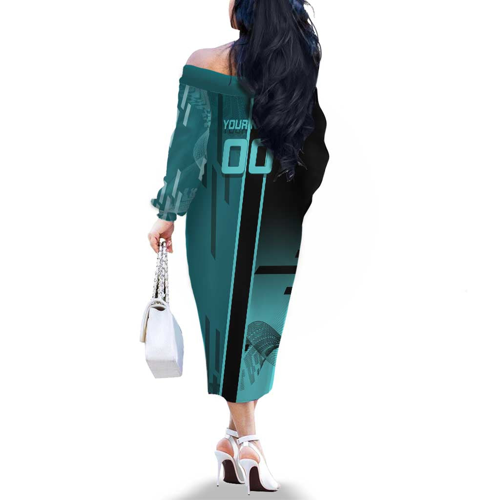 Personalized Tokito Muichiro Demon Slayer Badminton Family Matching Off The Shoulder Long Sleeve Dress and Hawaiian Shirt with Racket Action Pose and Teal Black Graphic Design