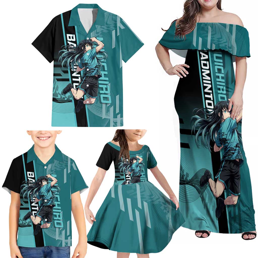 Personalized Tokito Muichiro Demon Slayer Badminton Family Matching Off Shoulder Maxi Dress and Hawaiian Shirt with Racket Action Pose and Teal Black Graphic Design
