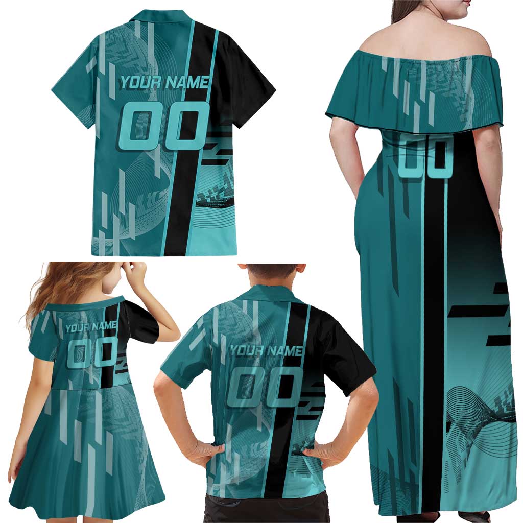 Personalized Tokito Muichiro Demon Slayer Badminton Family Matching Off Shoulder Maxi Dress and Hawaiian Shirt with Racket Action Pose and Teal Black Graphic Design