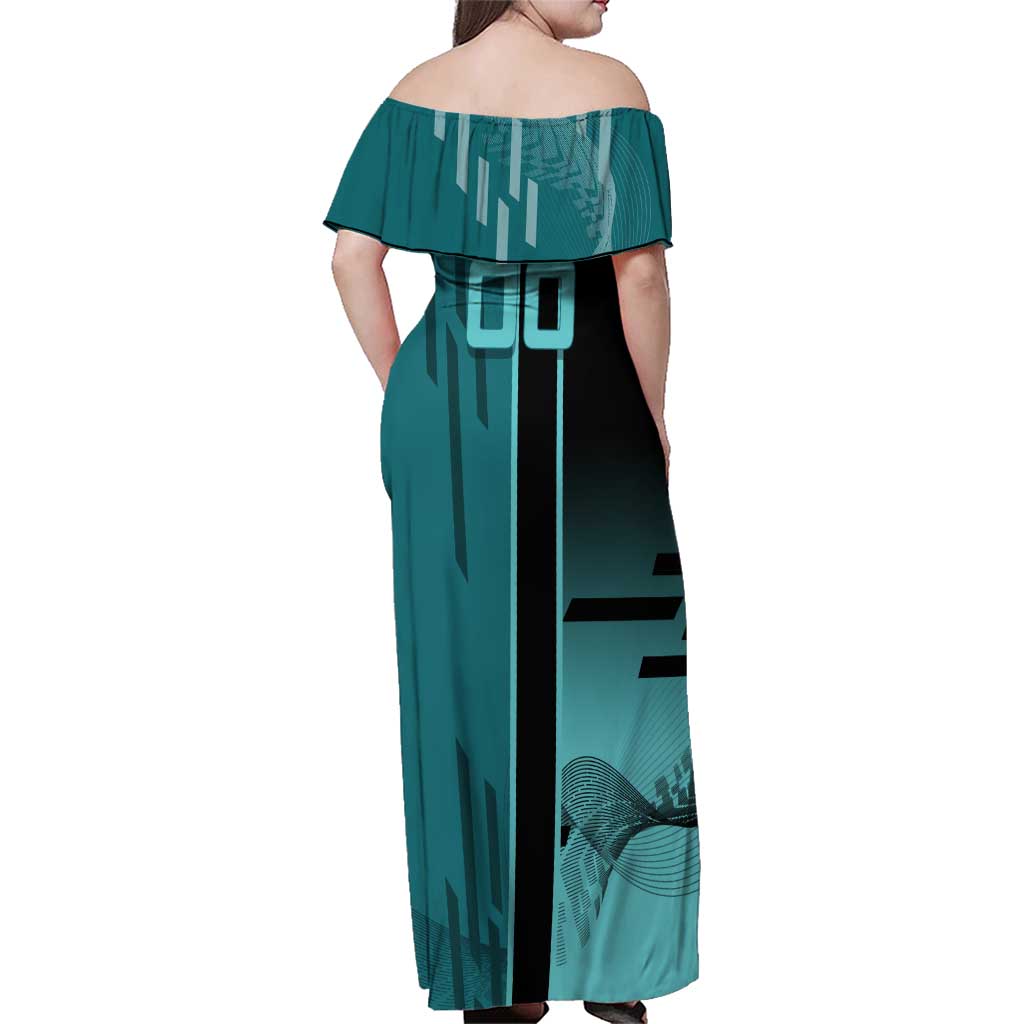 Personalized Tokito Muichiro Demon Slayer Badminton Family Matching Off Shoulder Maxi Dress and Hawaiian Shirt with Racket Action Pose and Teal Black Graphic Design