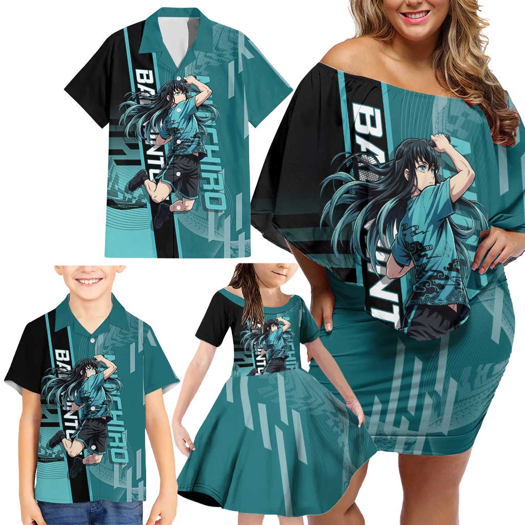 Personalized Tokito Muichiro Demon Slayer Badminton Family Matching Off Shoulder Short Dress and Hawaiian Shirt with Racket Action Pose and Teal Black Graphic Design